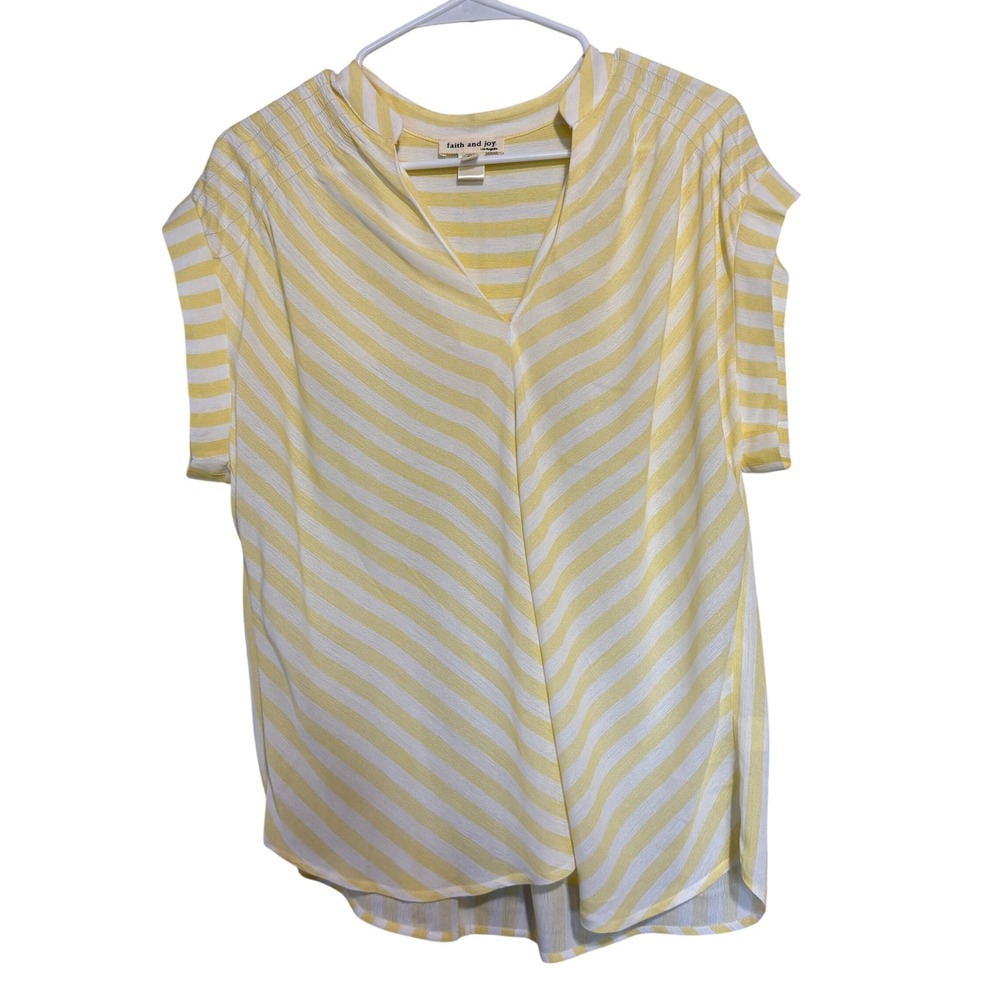 Faith and Joy Yellow Striped V-Neck Cap Sleeve Rayon Blouse M200107 Large